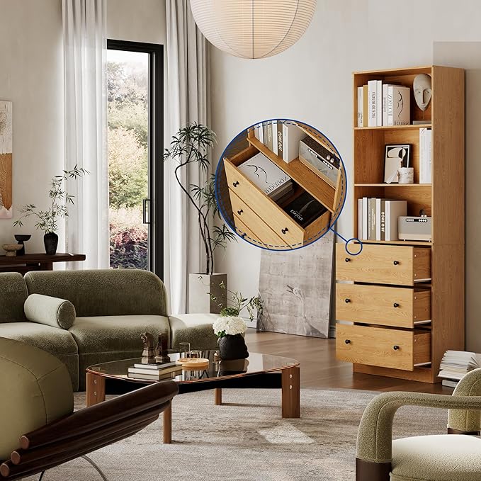 71" Tall Bookshelf with Storage, Bookcase with Drawers, Farmhouse Wooden Corner Book Shelves, Mid Century Modern Book Shelf Wall Standing Home Decor Furniture for Living Room, Bedroom, Office, Kitchen-Ruum Studio Home