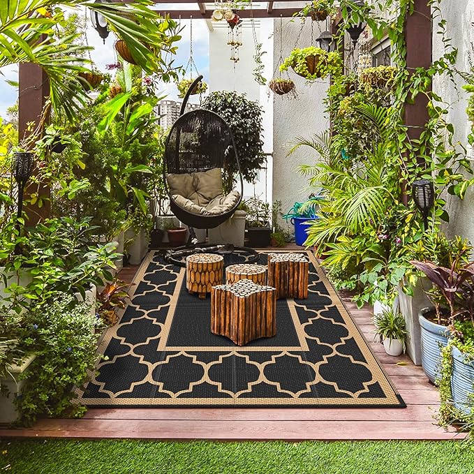 GENIMO Outdoor Rug 9' x 12' Patio Waterproof, Foldable Reversible Plastic Straw Area Rugs Mat for Camper Decor, Outside Carpet for Rv, Deck, Porch, Picnic, Beach, Balcony, Black & Brown-Ruum Studio Home