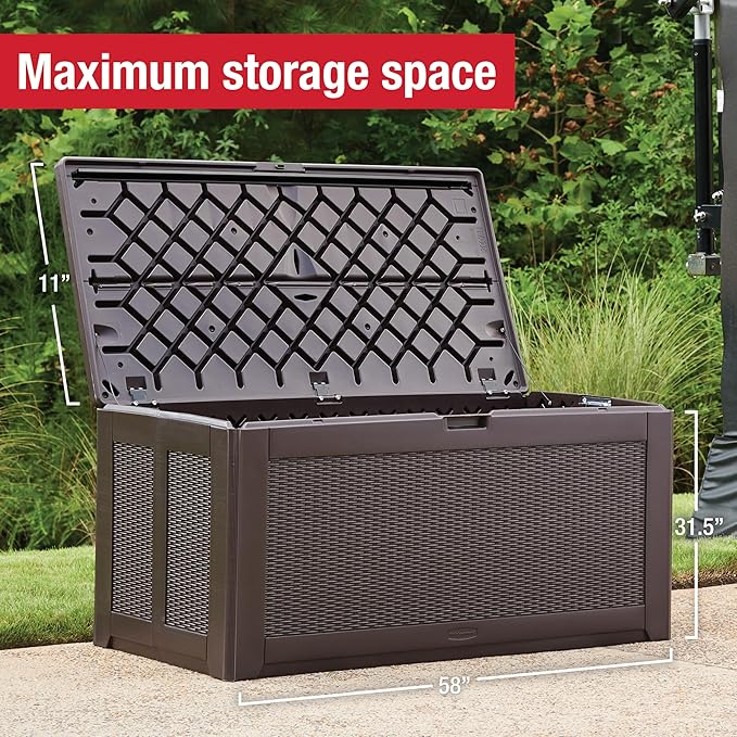 Rubbermaid Extra Large Resin Outdoor Storage Deck Box (134 Gal), Weather Resistant, Brown, Deck Organization for Home/Backyard/Pool Chemicals/Toys/Garden Tools/Porch/Patio Cushions-Ruum Studio Home