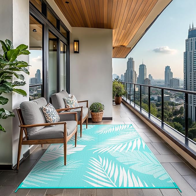 GENIMO Outdoor Rug 8' x 10' Waterproof for Patios Clearance, Reversible Outdoor Plastic Straw Camping Rug Carpet, Large Area Rugs Mats for RV, Camper, Deck, Balcony, Porch, Beach, Aqua Blue&White-Ruum Studio Home