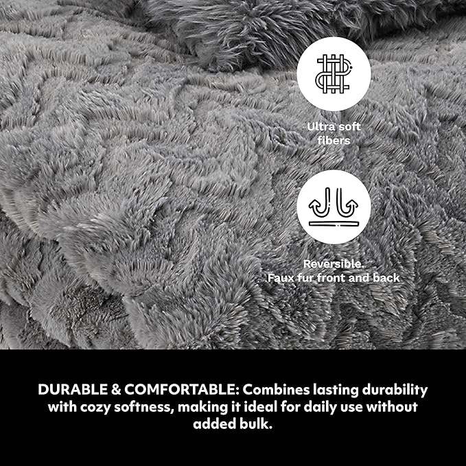 Mon Chateau Grey 3D Jacquard Faux Fur Throw, Plush Luxury Blanket for Couch, Sofa, or Bed, Soft Reversible Throw Blanket for Sleeping, Home & Room Décor, 60" x 70"-Ruum Studio Home