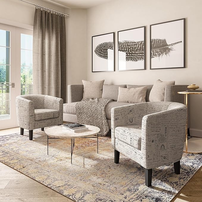 BELLEZE Accent Barrel Chair Set of 2, Linen Round Chair Club Tub Sofa Corner Chair with Flared Legs and Cozy Soft Padding for Living Room Bedroom Waiting Room - Black & Beige-Ruum Studio Home