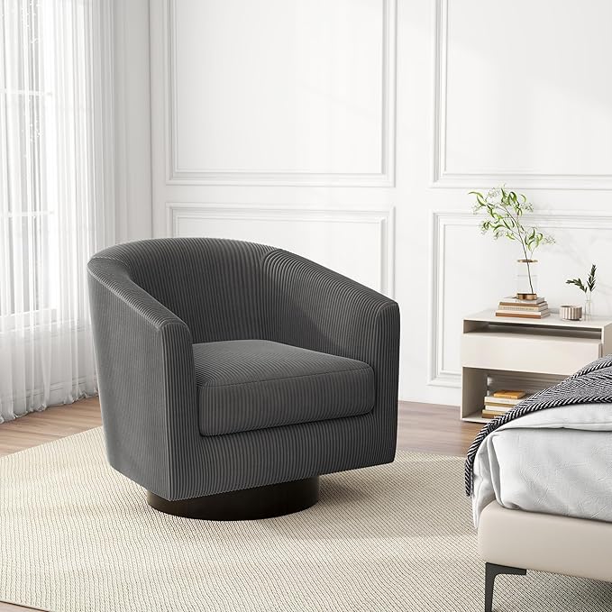 Swivel Barrel Accent Chair, Modern Round Corduroy Fabric Arm Chair for Living Room, Bedroom, Comfy Club Reading Chairs for Adults (Corduroy Grey, Set of 2)-Ruum Studio Home