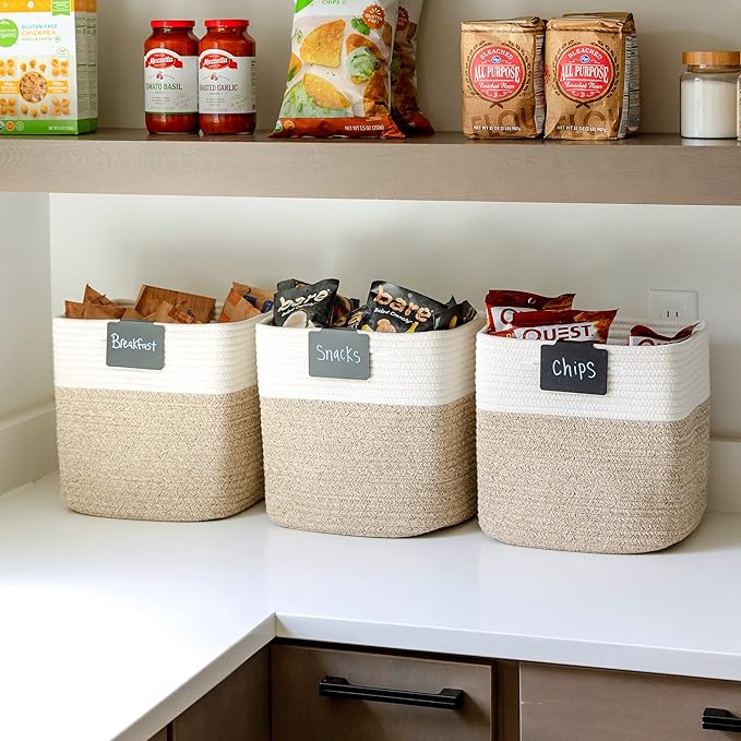 NaturalCozy 13 Inch Cube Storage Bins Cotton Rope Woven Baskets for Organizing 3-Pack | 13 x 13 Storage Cubes | Fabric Square Storage Baskets for Shelves Organizer, Kids Toy Bins, Closet Baby Nursery-Ruum Studio Home