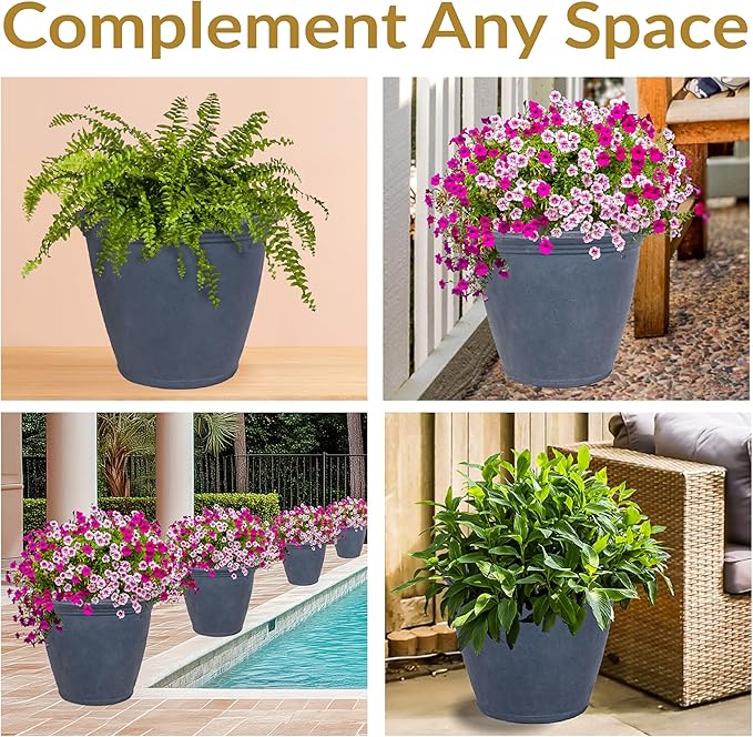 Sunnydaze 24-Inch Anjelica Large Plastic Pot for Plants - Outdoor Polyresin Round Planter with Drillable Drainage Holes - Slate - 2pk-Ruum Studio Home