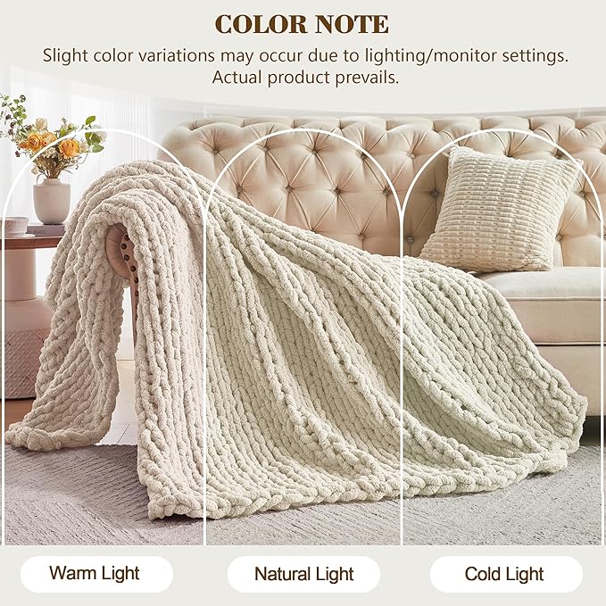 Carriediosa Chunky Knit Throw Blanket 50" X 60", 100% Hand Made Large Chenille Loop Yarn Soft Fluffy Throws for Couch Sofa Bed, Big Crochet Cozy Heavy Thick Cable Woven Blanket, Light Beige-Ruum Studio Home