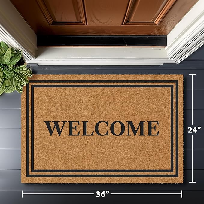 Barnyard Designs Natural Coco Coir Heavy Duty Backing Doormat - Large Cute Non-Slip Front Door Welcome Mat for Outside Entrance or Porch Entry, Brown (24x36, Welcome)-Ruum Studio Home