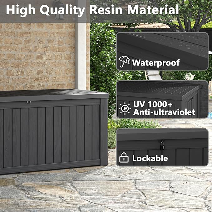 150 Gallon Resin Deck Box, Large Indoor and Outdoor Storage Box, Weatherproof and UV Resistant Outdoor Storage Box with Built-in Steel Beams for Patio, Cushions, Pool Supplies-Ruum Studio Home