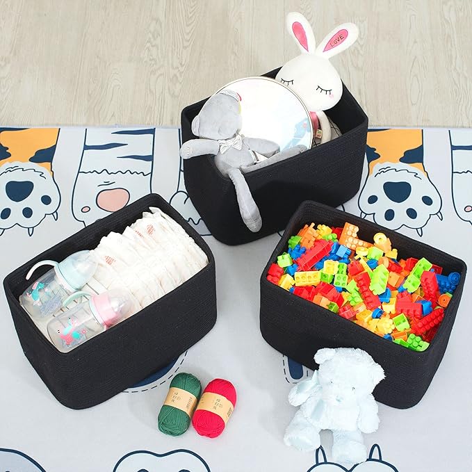 MINTWOOD Design 3-Pack Storage Baskets for Shelves, Playroom and Classroom, Book Basket, Decorative Storage Cube Bins, Woven Closet Organizers, Pantry and Shoe Organizer, Full Black-Ruum Studio Home