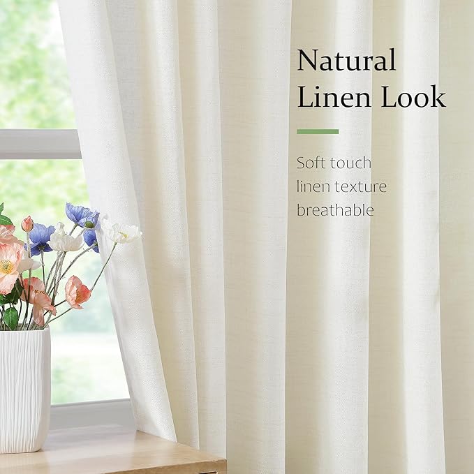 FMFUNCTEX Pinch Pleated Curtain 96 Inches Long for Living Room, Ivory Semi Sheer Faux Linen Textured Pleat Drapes for Bedroom with Hooks, Light Filtering Farmhouse Window Drapes 2 Panels-Ruum Studio Home