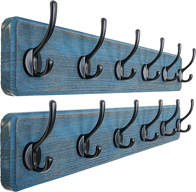 Dseap Coat Rack Wall: 24" Long, Patented, Heavy-Duty, 6-Double-Hooks Wooden Wall Mounted Coat Rack Coat Hanger Hook Rail for Winter Coats Hat Jacket Clothing, Weathered Blue, Pack of 2-Ruum Studio Home