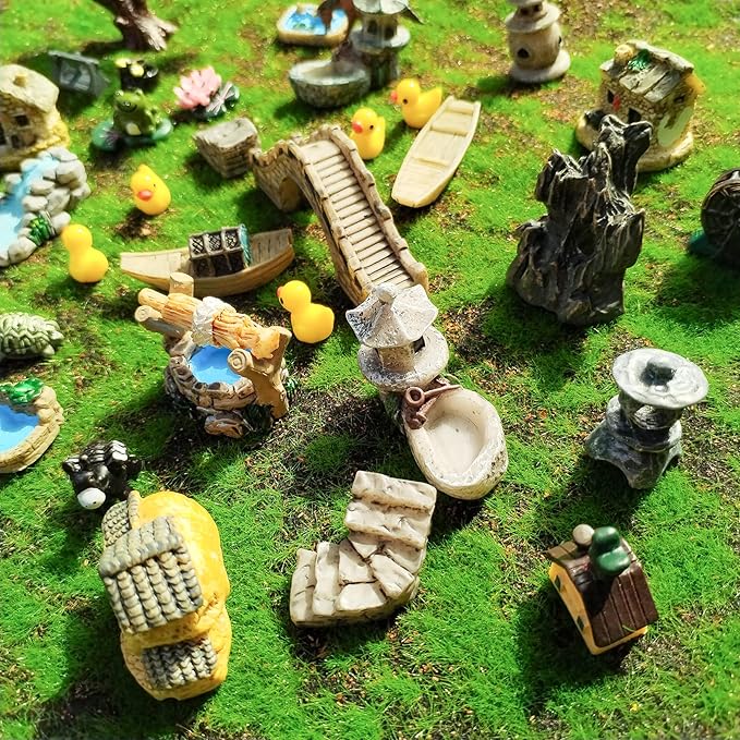 37PCS Fairy Garden Accessories, Miniature Nature Village Theme Fairy Garden Supplies for Outdoor, Mini Resin Animals House Bridge Pool Figurines Micro Landscape Succulent Plant Pots Terrarium Decor-Ruum Studio Home
