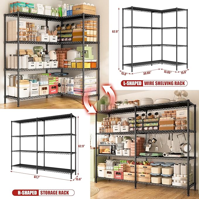 REIBII 61.7''W Storage Shelves Load 1220LBS Wire Shelving Unit 4 Tier Metal Shelving for Storage Rack Shelves Heavy Duty Garage Shelf Pantry Shelves Kitchen Shelving, 61.7" W*62.9" H*15.8" D, Black-Ruum Studio Home