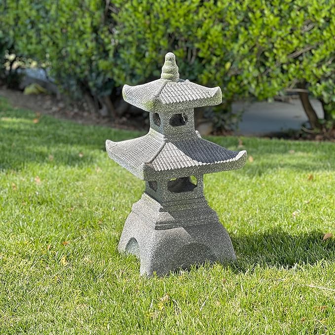 Galt International 2 Tier Pagoda Garden Statue LED Solar Powered Light 26" Tall Outdoor Zen Garden Lantern Landscape Lawn Asian Pagoda Stupa Decor Grey Resin-Ruum Studio Home
