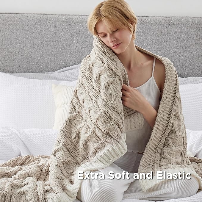 Bedsure Cable Knit Twin Blanket for Couch Bed - Breathable Chenille Chunky Knit Twin Blanket for Decorative Gift, GentleSoft Cozy and Warm for Winter and All Seasons, Beige, 60x80 Inches-Ruum Studio Home