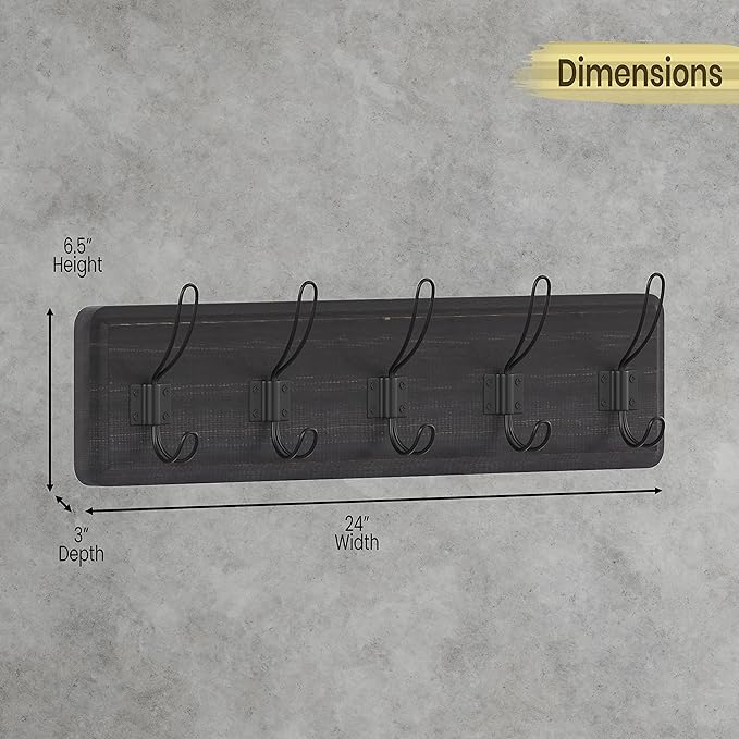 HBCY Creations Blackwash Solid Wood Wall Mounted Coat Rack with Shelf, 5 Hooks, 24" Long - Kitchen, Mudroom, Entryway, Bathroom - Includes Mounting Hardware, Coat Hanger, Dog Leash Hooks, Towel Rack-Ruum Studio Home