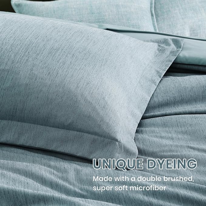 Monbix Queen Comforter Set - 7 Pieces Dusty Blue Cationic Dyeing Bed in a Bag Queen Bedding Sets with Sheets, Pillowcases & Shams, Reversible Bedding Comforters-Ruum Studio Home