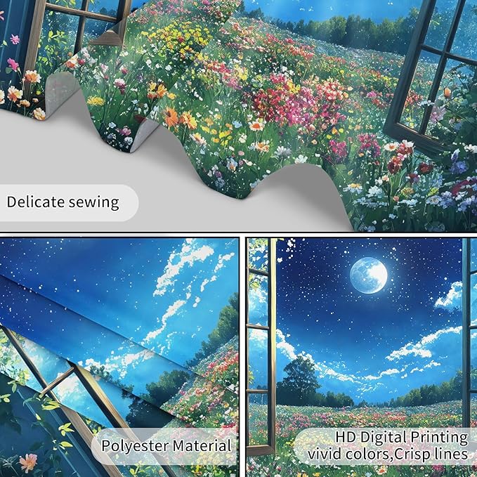 LB Wildflower Moon Tapestry, Window Forest Plant Green Leaf and Garden Colorful Floral Wall Tapestry for Bedroom, Night Sky Wall Art for Living Room Dorm Home Decor Ready to Hanging, 59 x 51 Inches-Ruum Studio Home