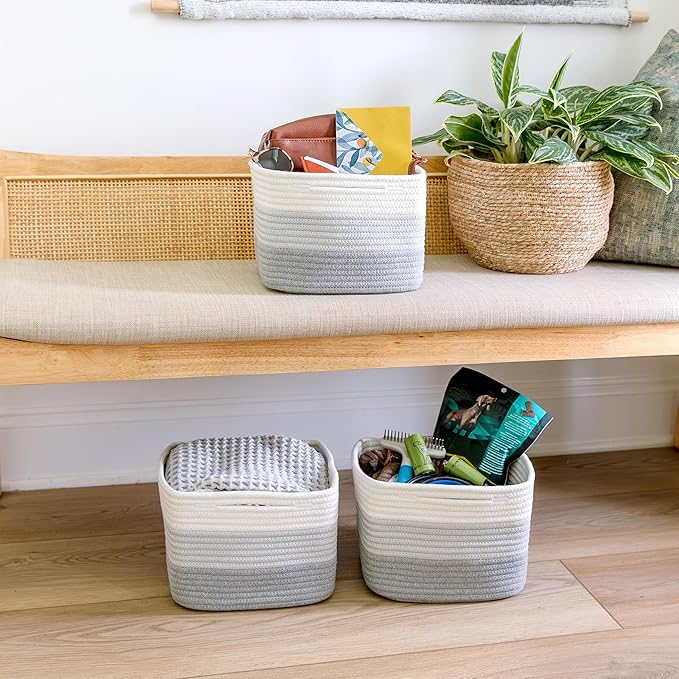 NaturalCozy Storage Cubes 9”x9”x7”Cotton Rope Woven Baskets for Organizing 3-Pack | 9 Inch Cube Storage Bin | Small Basket for Shelf Nursery, Pantry, Decorative Plant, Bathroom Closet, Toy Gift-Ruum Studio Home