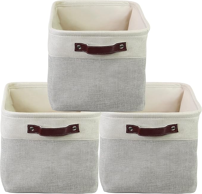 SIMPLE HOUSEWARE Large Fabric Storage Bin, 15" x 11" with Leather Like Handles, 3 Pack, Gray-Ruum Studio Home