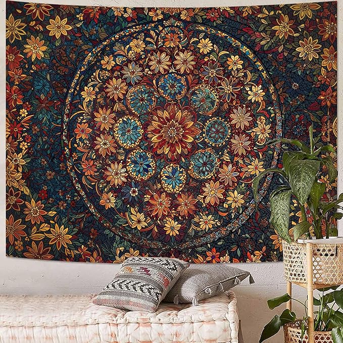 Fowocu Boho Floral Mandala Tapestry Wall Hanging Vintage Bohemian Flower Medallion Tapestry Aesthetic Orange Stained Glass Hippie Extra Large Tapestries for Bedroom Living Room Dorm Decor 90 x 68 Inch-Ruum Studio Home