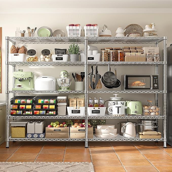 REIBII 1500LBS Storage Shelves 61.7''W Wire Shelving Unit 5 Tier Metal Shelving for Storage Rack Shelves Heavy Duty Garage Shelf Pantry Shelves Kitchen Shelving, 61.7" W*72.4" H*15.8" D, Chrome-Ruum Studio Home
