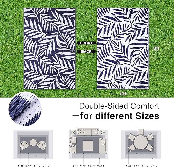OLANLY Waterproof Outdoor Rug 5x8 ft, Reversible Outdoor Plastic Straw Rug with Leaf Pattern, RV Mat, Indoor Outdoor Carpet for Patio, Camping, Balcony, Deck, Backyard, Navy & White-Ruum Studio Home