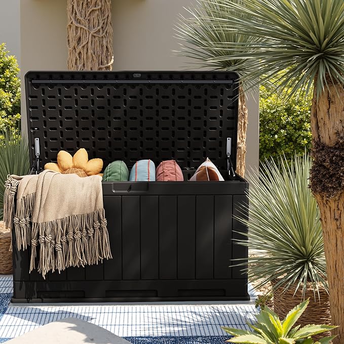 JUMMICO 90 Gallon Waterproof Resin Deck Box, Double Wall Outdoor Storage Box with Lockable Lid for Garden Tools, Patio Cushions, Pools (Black)-Ruum Studio Home