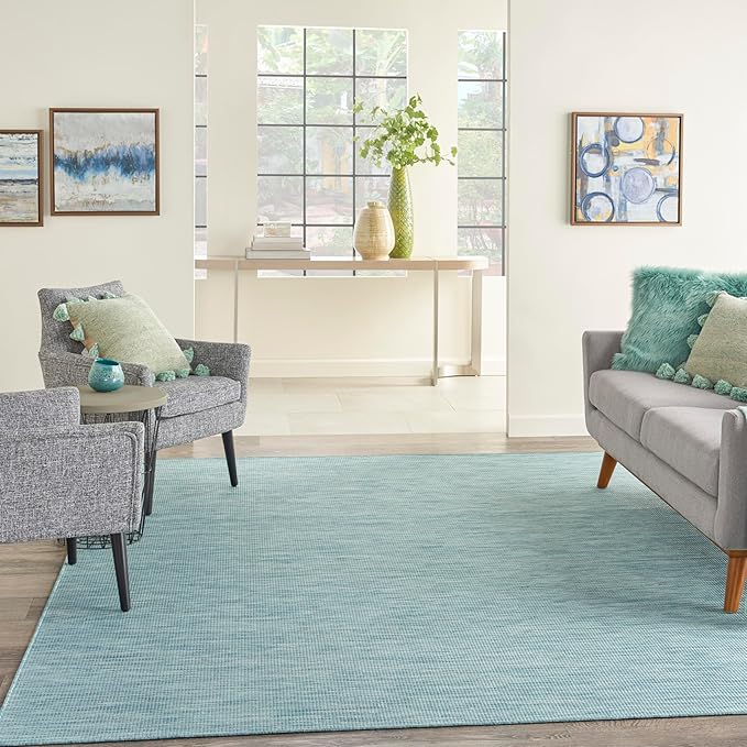 Nourison Positano Indoor-Outdoor Aqua 9' x 12' Area Rug, Easy Cleaning, Non Shedding, Bed Room, Living Room, Dining Room, Backyard, Deck, Patio (9x12)-Ruum Studio Home