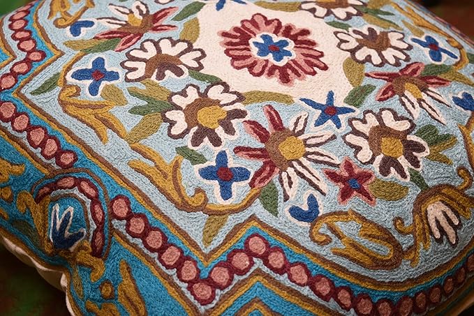 Turquoise Floral Pillow Cover Traditional Blue Flower Pillowcase Traditional Outdoor Cushion Suzani Flower Throw Florals Chair Farmhouse Hand Embroidered Cushions Wool 18x18 Inch-Ruum Studio Home
