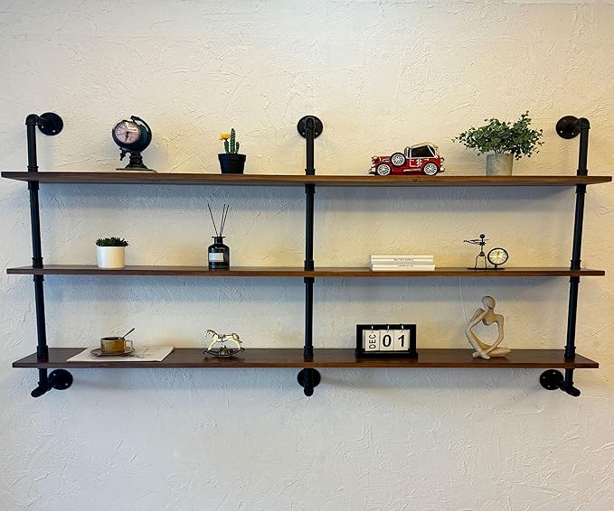 ROGMARS Industrial Pipe Wall Shelves Pipe Shelving with Real Wood Plank,70 Inches Floating Shelves for Wall Farmhouse Pipe Book Shelves Dark Brown 3Tier for Kitchen,Living Room Decor and Bar Shelving-Ruum Studio Home