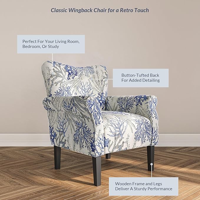 BELLEZE Modern Accent Chair for Living Room, High Back Linen Armchair with Wooden Legs, Upholstered Wingback Side Chair Padded Armrest Single Sofa for Living Room, Bedroom - Allston (Blue Coral)-Ruum Studio Home