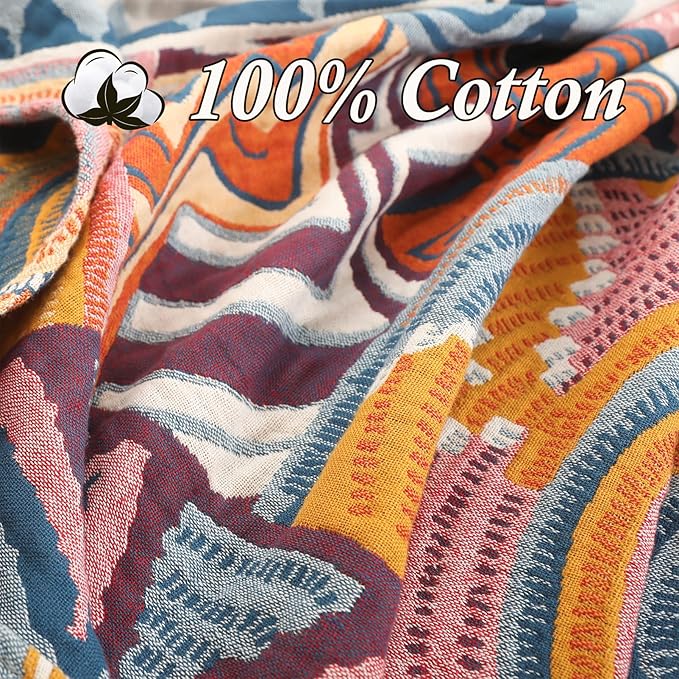 Snycler Boho Throw Blanket for Bed - 100% Cotton Ultra Soft Rustic Quilt Fall Blanket - Orange Floral Printed Farmhouse Decor Bed Blankets, 60"×80" All Season Rustic Throw for Sofa Couch Chair-Ruum Studio Home
