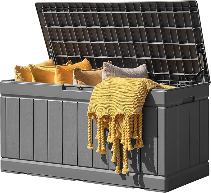 JUMMICO 83 Gallon Outdoor Deck Box Large Resin Storage Box for Patio Furniture Cushions, and Garden Tools (Gray)-Ruum Studio Home
