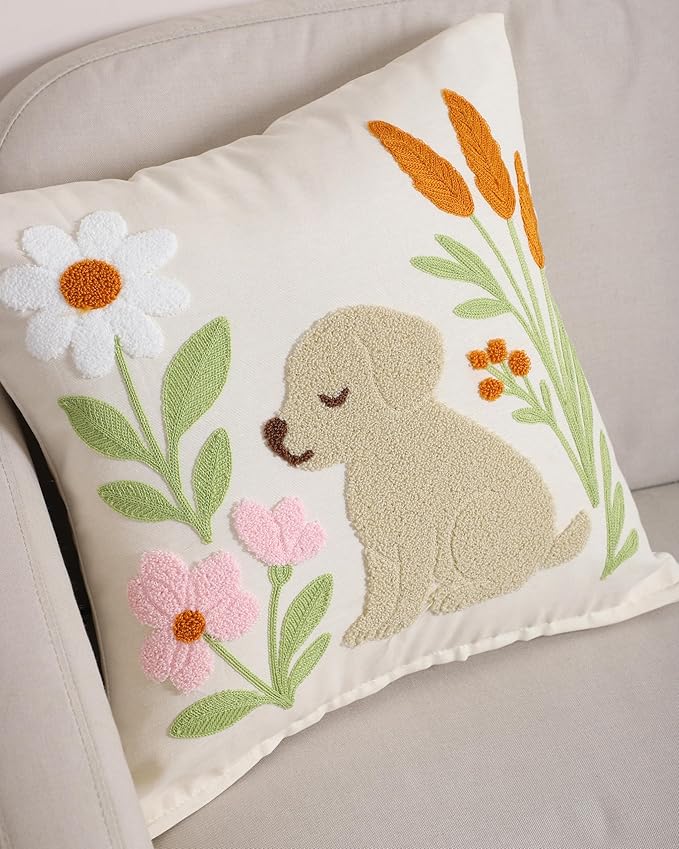 katre home madame & textile Embroidered Dog Pillow Cover – 18x18 inch Handmade Punch Needle Cushion – Boho Cotton Throw Pillow for Couch, Bed, or Gift for Dog Lovers-Ruum Studio Home