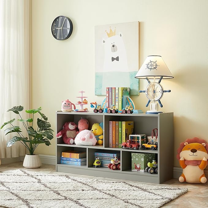 Toy Organizers and Storage, 5-Section Kids Bookshelf for Organizing Books Toys, School Classroom Wooden Storage Cabinet for Children's Room, Playroom, Nursery (Grey)-Ruum Studio Home