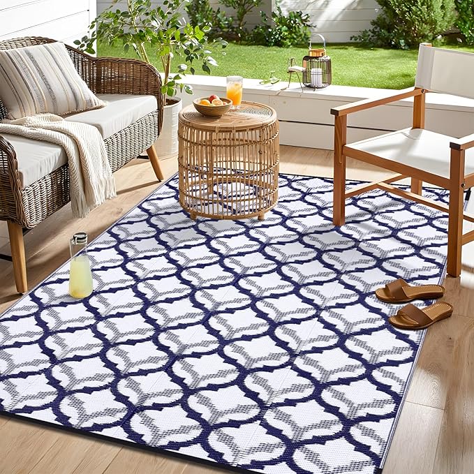 OLANLY Reversible Outdoor Rug 9x12 ft Clearance, Waterproof Outdoor Plastic Straw Rug with Interlacing Pattern, RV Mat for Patio, Camping, Balcony, Deck, Backyard, Navy & White-Ruum Studio Home