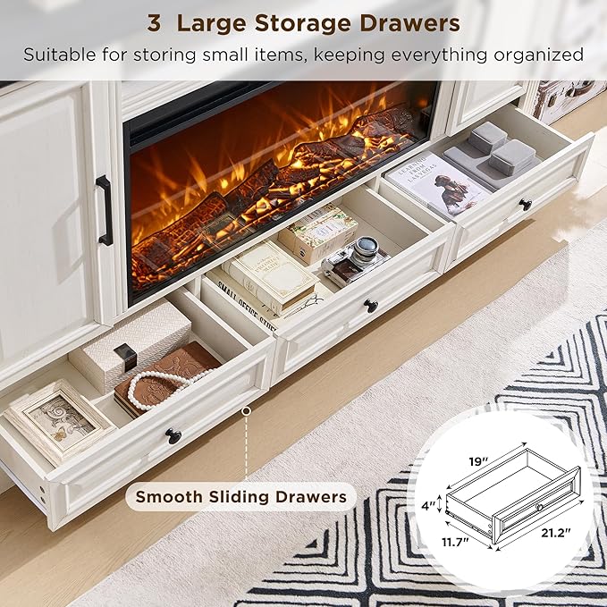 Fireplace TV Stand for 80 Inch TV, 35.7" Tall Farmhouse Entertainment Center W/36'' Electric Fireplace, Media Console with Large Storage Cabinets and Drawers for Living Room, Antique White-Ruum Studio Home