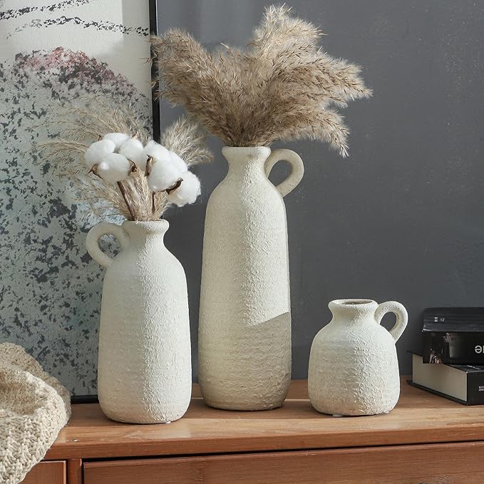 Ceramic Vase Set of 3 with Handle, Neutral Rustic Vases Home Decor Farmhouse Decorative Vase Whitewashed Pottery Decor Modern for Table Mantel Entryway Bookshelf Living Room Kitchen Bedroom - White-Ruum Studio Home