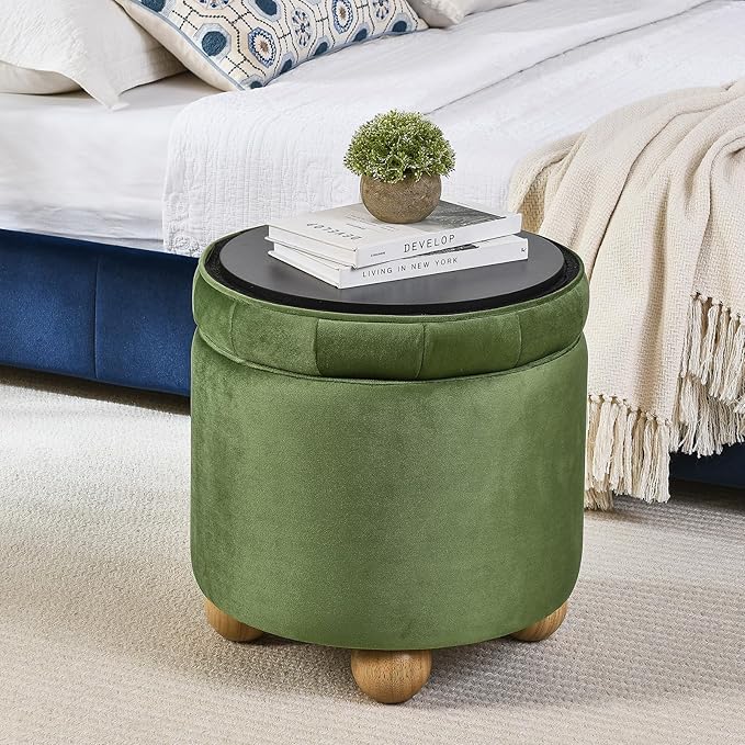 Furniliving Upholstered Button Tufted Round Ottoman, Velvet Storage Ottomans Round, Removable Lid Convenient Footstools, Bedroom Ottoman with Storage for Vanity, Living Room, Green-Ruum Studio Home