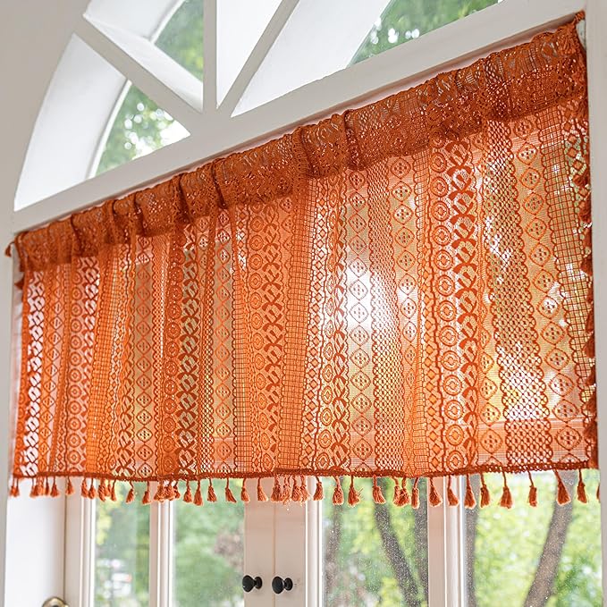 Sutuo Home Terracotta Boho Valance Short Curtains Crochet Lace Sheer Bohemian Hollow Knitted with Tassels, Privacy Vintage Rustic Farmhouse Drapes for Kitchen, Rod Pocket 1 Panel 59" W x 36" L, Orange-Ruum Studio Home