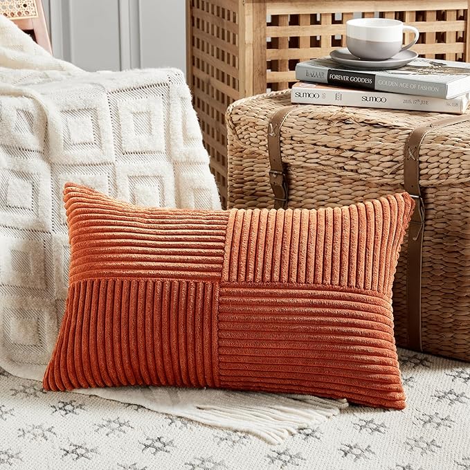 Fancy Homi Set of 2 Burnt Orange Long Lumbar Decorative Throw Pillow Covers 16x24 Inch for Living Room Couch Bed, Boho Farmhouse Fall Home Decor, Soft Corduroy Corss Textured Cushion Case 40x60 cm-Ruum Studio Home