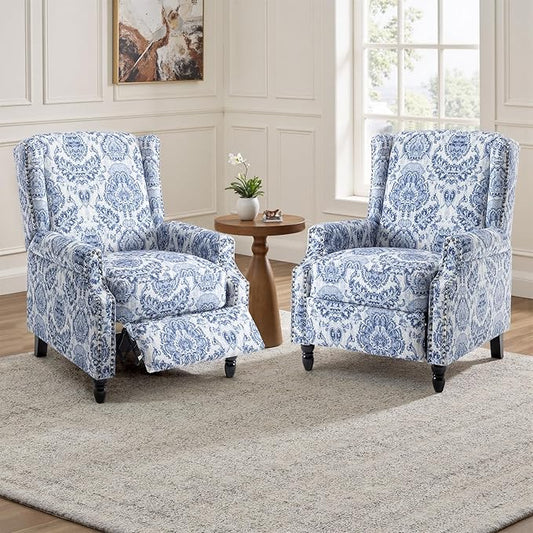 UIXE Floral Pushback Recliner Chairs Set of 2, Fabric Upholstered Armchair Push Back Accent Chair for Living Room, Rivet Trim Club Chair Home Theater Single Sofa Reading Seat - Navy Blue-Ruum Studio Home