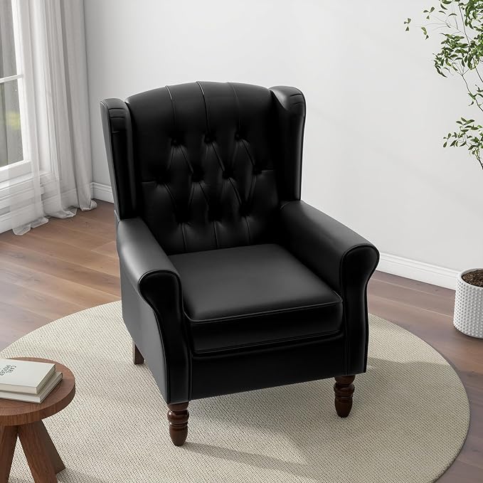 Accent Chair, Upholstered Armchair with Button Tufted High Back & Solid Wood Legs, Comfy Wingback Reading Single Sofa Chair for Small Spaces, Living Room, Bedroom (Leather Black, Set of 1)-Ruum Studio Home