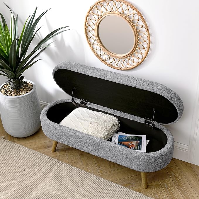 Oval Storage Bench 43.5" Linen Fabric Upholstered Entryway Bench with Solid Wood Legs Ottoman Bench Indoor Bench for Living Room/Bedroom/End of Bed/Entryway (New Grey)-Ruum Studio Home
