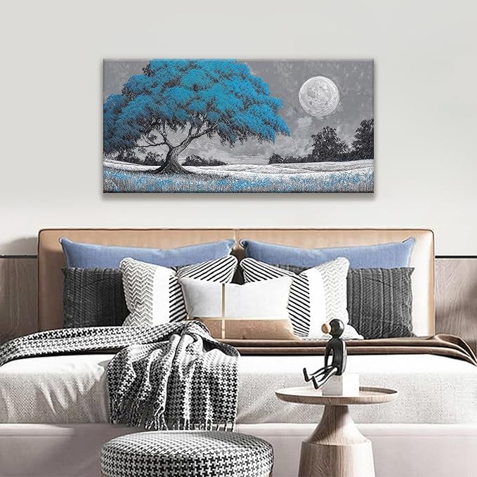 TAIJXAGSG Wall Art For Living Room Blue Tree Moon Canvas Art Wall Decor Artwork Print Painting 20" X 40" Canvas Picture For Bedroom Decor Modern Salon Kitchen Office Hang A Picture-Ruum Studio Home