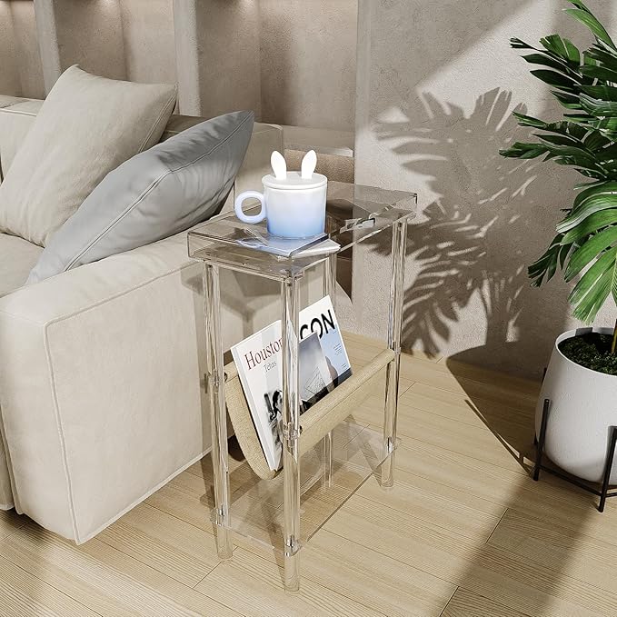 Eglaf Acrylic Narrow Side Table for Small Spaces - Slim End Table with Magazine Holder - Skinny Side Table Small Bedside Table Nightstand for Living Room Bedroom- 15.7” L x 7” W x 23.9” H, Clear-Ruum Studio Home