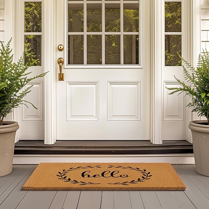 Barnyard Designs Natural Coco Coir Heavy Duty Backing Doormat - Large Cute Non-Slip Front Door Welcome Mat for Outside Entrance or Porch Entry, Brown (24x36, Hello)-Ruum Studio Home