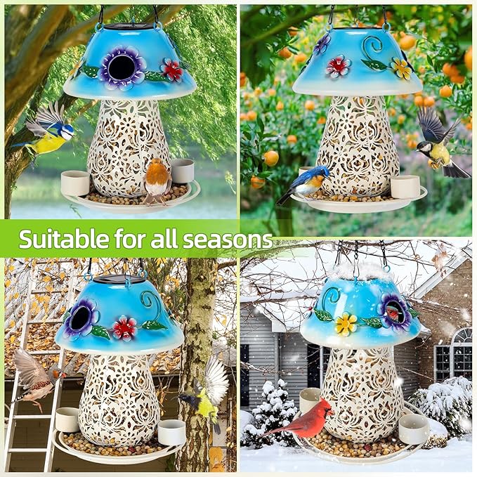 Mushroom Solar Bird Feeders for Outdoors Hanging Metal Wild Bird Feeder Garden Lantern with S Hook for Garden Decoration Blue-Ruum Studio Home