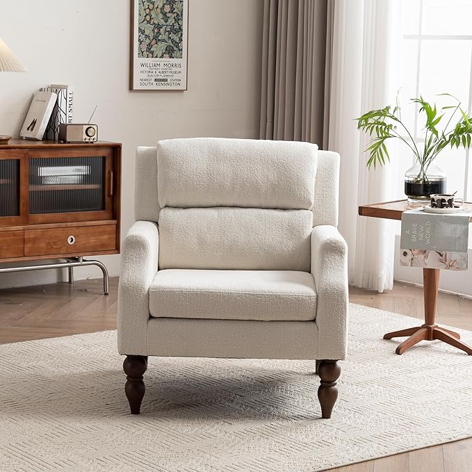 Kidol & Shellder White Oversized Accent Chair for Living Room Mid Century Modern Reading Chair with Back Wide Upholstered Comfy Single Sofa Chair for Bedroom Lounge Side Corner Chair Fabric Armchair-Ruum Studio Home